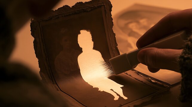 313. A psychological metaphor for the 'Altered Past'. A person using an ink-eraser to scrub out figures from vintage family photographs, leaving clean, ghostly white silhouettes in the memory. 