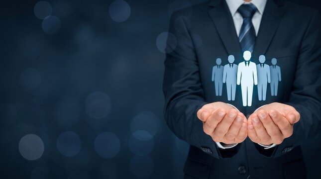 Executive presenting team icons representing leadership, human resources support, customer care, and business collaboration