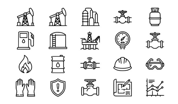 Oil and gas engineering pixel perfect editable stroke icon set featuring drilling refinery pipelines fuel equipment industrial safety and energy monitoring
