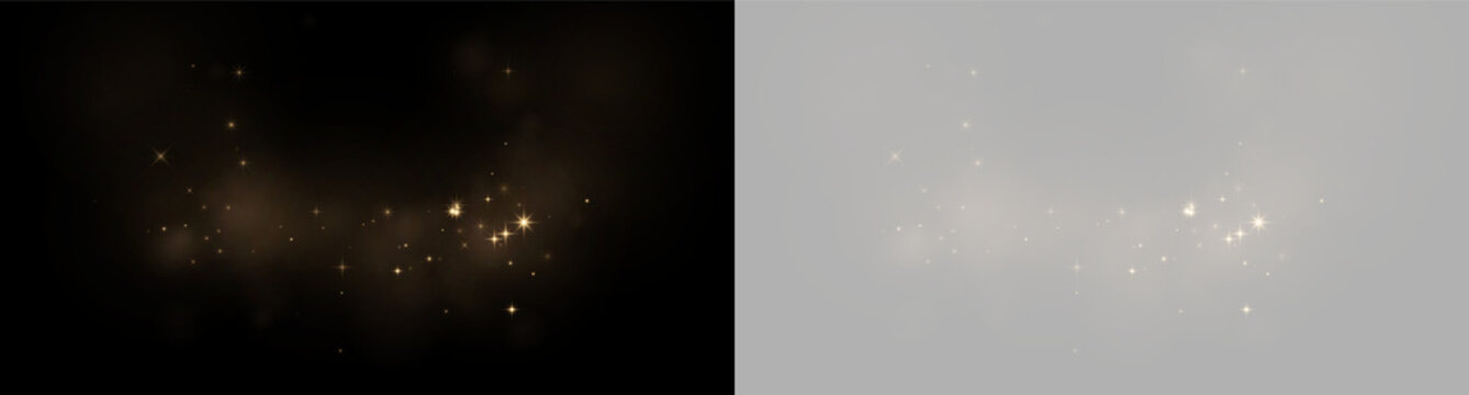 Scattered golden sparkles glowing softly with a smoky haze on a transparent background on transparent background