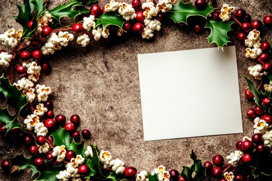 A string of popcorn and cranberries wrapped around a square frame for a christmas and xmas holiday event
