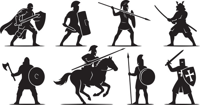 Historical warriors set featuring medieval knights spartan soldiers samurai and armed cavalry fighters depicted in clean bold black vector silhouettes