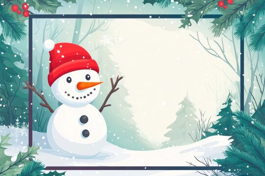Happy snowman in a red hat in the winter forest snowfalling frame vector illustration for christmas xmas