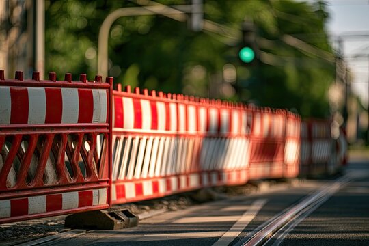 Red and white barriers section off a street with tram tracks, hinting at ongoing work
