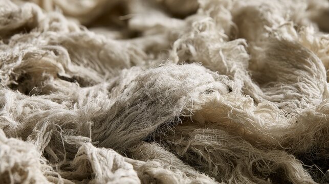 Raw wool fibers in warm off-white tones exhibit a dense tangled texture with soft side lighting highlighting intricate natural strands.