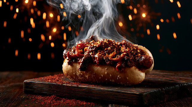 Spicy chili hot dog with steam and fireworks on dark background