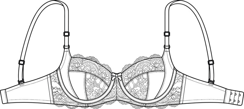 Lace bra fashion flat sketch technical drawing vector line art template isolated on white background