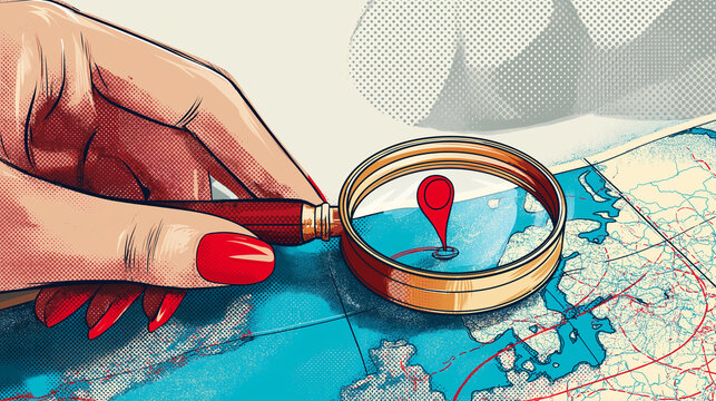 Travel Planning and Navigation Concept with Magnifying Glass, Map and Location Pin
