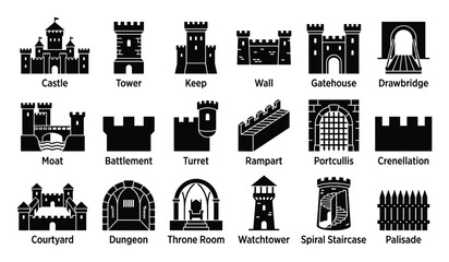 Naklejka premium Set of castle elements icons. Medieval fortress architecture, ancient defense structure parts, royal building components. Solid glyph pictograms for web and app interface.