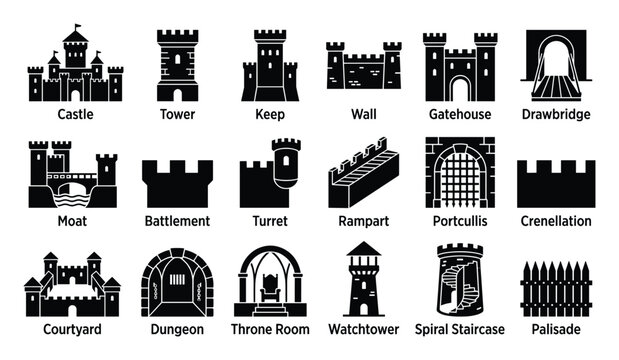 Set of castle elements icons. Medieval fortress architecture, ancient defense structure parts, royal building components. Solid glyph pictograms for web and app interface.