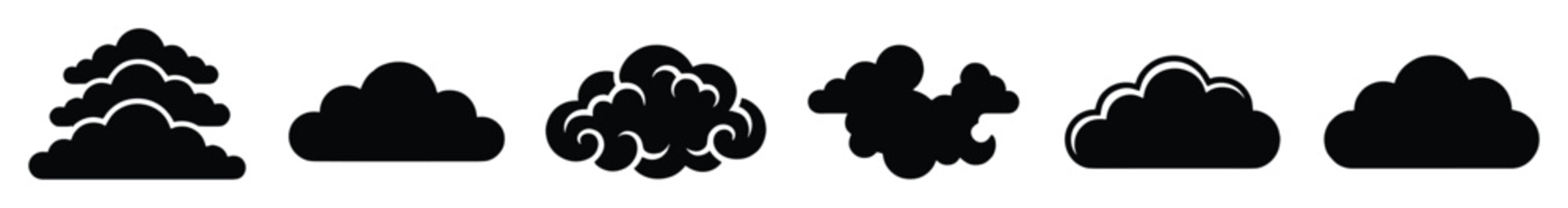Set of cloud icons. Weather forecast symbol, sky element, smoke, steam, fog. Black silhouette pictogram graphic collection for UI web app.