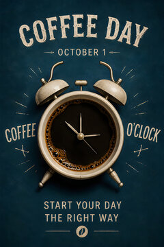 Vintage alarm clock with coffee illustration for Coffee Day