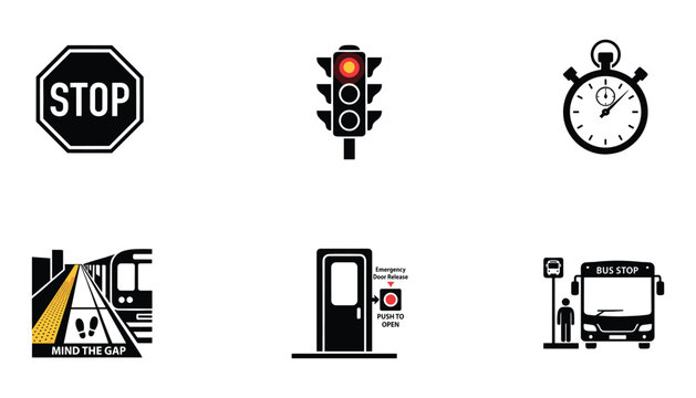 Various transit safety icons showing stop signs traffic lights and mind the gap train platforms now.