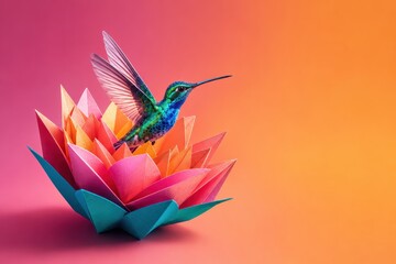 Naklejka premium Iridescent Hummingbird Emerging From Colorful Origami Flower