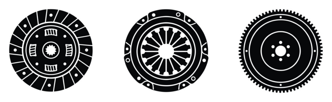 Automotive clutch components icons set. Clutch disc, pressure plate, flywheel symbols. Car transmission parts pictogram. Solid glyph auto repair signs.