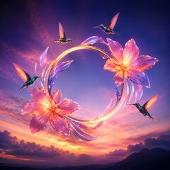 Naklejka premium Hummingbirds Orbiting Luminous Floral Halo at Twilight