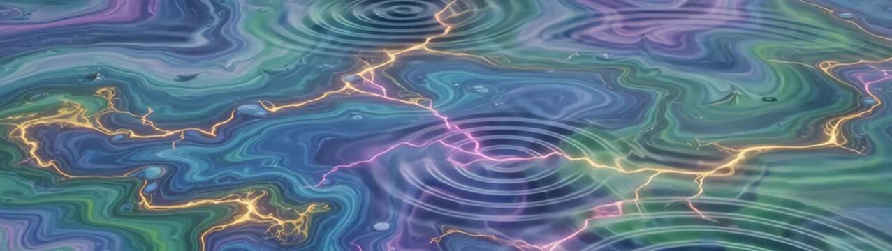 Liquid art with lightning and rain ripples energy and flow concept vibrant colorful fluid texture background.