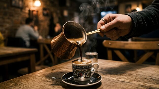 Pouring hot coffee from cezve into ornate cup cozy cafe atmosphere