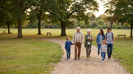 Fototapeta premium Multigenerational Family Walking Together in Park at Sunset