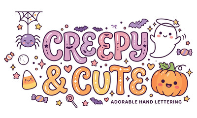 Fototapeta premium A Whimsical Halloween Illustration Featuring Cute Kawaii Characters And Festive Hand Lettering