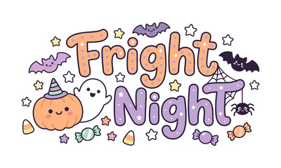 Fototapeta premium Cute Kawaii Halloween Fright Night Text With Smiling Ghosts Pumpkins And Bats