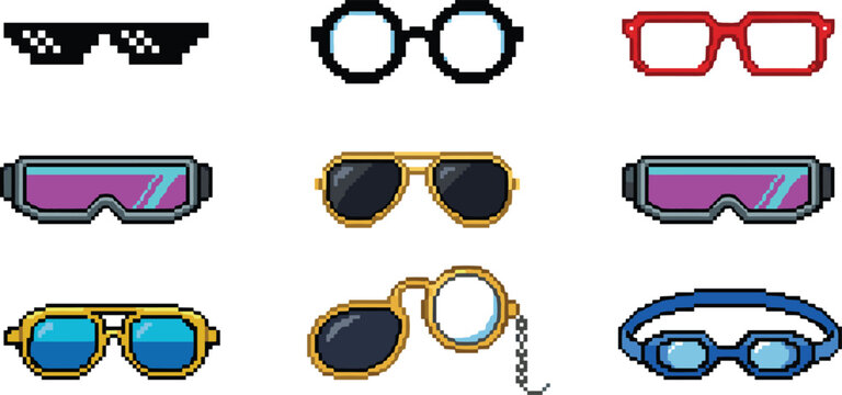 Retro pixel art eyewear and glasses icon set featuring fashion and gaming symbols
