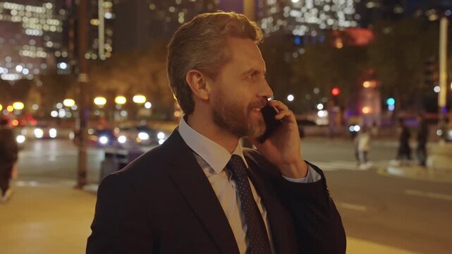 Hispanic business man with smartphone. Business communication. Man reply late call. Successful businessman talking on phone outdoor. Businessman using phone. Man walk and talk on phone. Slow motion