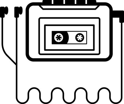 Retro Cassette Walkman Icon with Headphones, Vintage Music Player Line Art Vector. Black and white line icon of a vintage cassette walkman with wired earphones, ideal for retro music, nostalgia, and 8