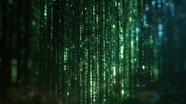 Matrix‑style digital rain background, cascading vertical columns of glowing green alphanumeric symbols on black background with depth and motion