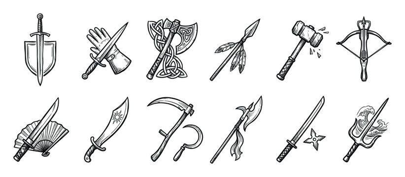 Set of medieval weapon icons. Ancient arms collection, blade, axe, spear, hammer, crossbow, sword, scythe, halberd, dagger, handdrawn sketch style tools.