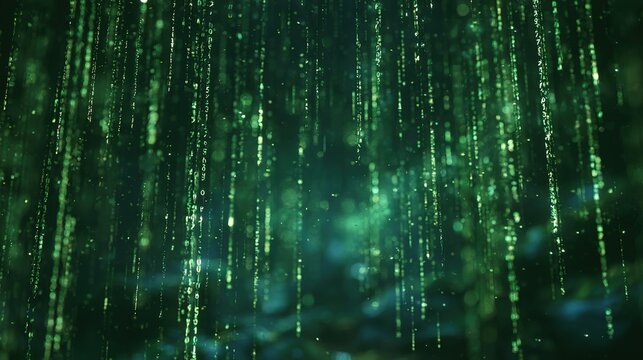 Matrix‑style digital rain background, cascading vertical columns of glowing green alphanumeric symbols on black background with depth and motion