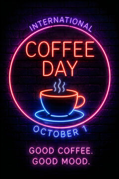 International Coffee Day neon sign with cup
