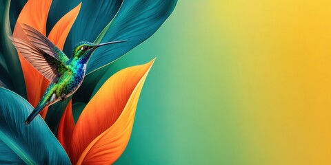 Naklejka premium Iridescent Hummingbird With Sculptural Tropical Leaves Eco Banner