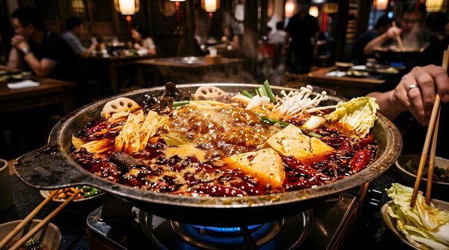 Spicy hot pot meal with vegetables and tofu steaming hot