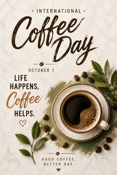 International Coffee Day poster with coffee cup and leaves