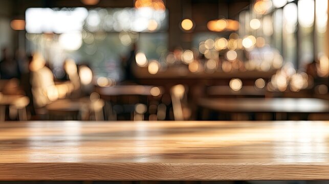 A sunlit, empty wooden table in the foreground of a blurred, warm-toned cafe