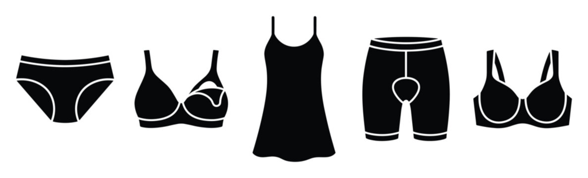 Lingerie and underwear icon set. Bra, panties, boxer briefs, camisole slip dress, intimates, undergarments. Womens and mens apparel silhouettes, clothing symbols.