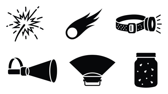 Set of light source icons. Spark, explosion, comet, meteor, headlamp, spotlight, beam, firefly jar symbols. Energy, illumination, outdoor equipment, web, app, mobile UI pictograms.