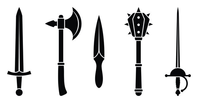Set of ancient weapons icons. Sword, battle axe, dagger, mace, rapier symbols. Medieval combat equipment, war arsenal, warrior tools.