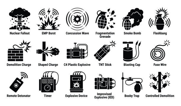 Set of explosive device icons. Explosions, blast, detonation, bomb, grenade, nuclear fallout, EMP burst, demolition, C4, TNT, timer, detonator, IED, booby trap symbols. Pictogram collection, solid.