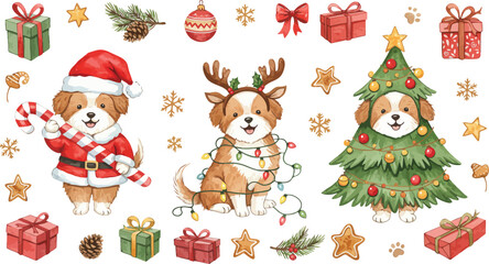 Fototapeta premium Watercolor illustration set featuring three cute puppies dressed in festive christmas costumes surrounded by various holiday gifts and decorations on white background