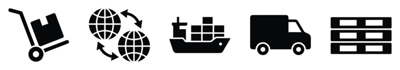 Fototapeta premium Set of logistics icons. Delivery, shipping, transport, global trade, freight, and warehousing symbols. Vector for web and mobile business apps.