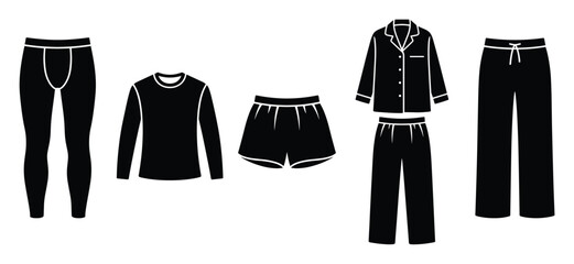 Naklejka premium Sleepwear and loungewear icons set. Pajamas, thermal underwear, sleep shorts, longsleeve shirt, pants. Comfortable home apparel black silhouette symbols.