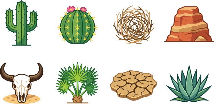 Desert and western colorful vector icon set featuring arid landscape and wilderness symbols