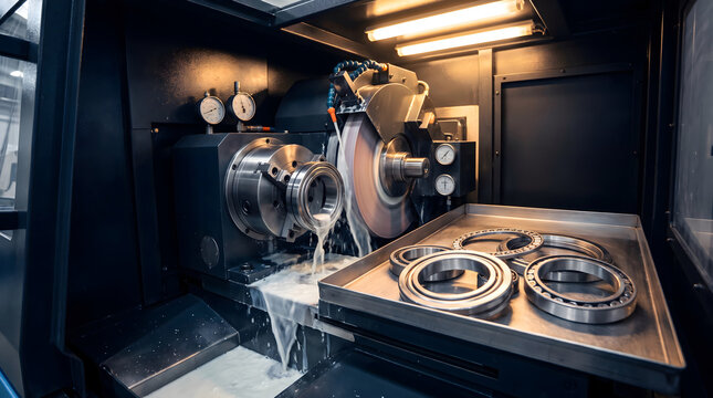 Industrial cylindrical grinding machine processing metal bearing parts with coolant fluid, steel components on a tray in a manufacturing workshop
