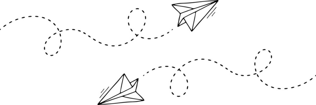 Hand drawn illustration of two paper airplanes flying with dotted flight paths on a white background