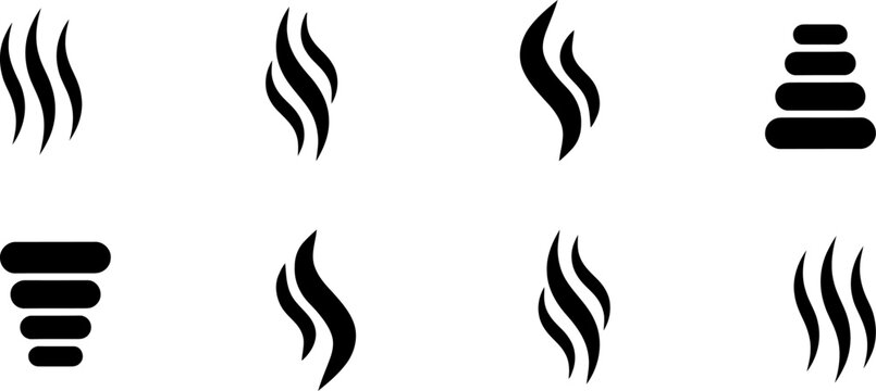 Set of black icons featuring various steam swirls and stacked spa stones for wellness and relaxation design