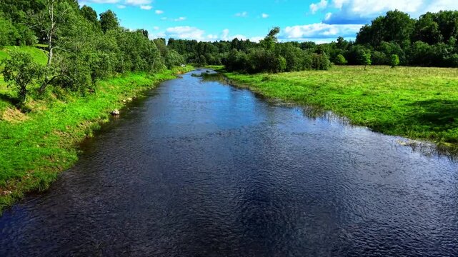 Sparkling blue river flowing through lush green landscape under a bright sunny sky