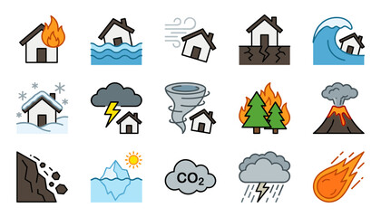 Fototapeta premium Natural Disaster and Global Warming Icon Set Featuring Climate Change Extreme Weather House Damage Wildfire and Environmental Catastrophe