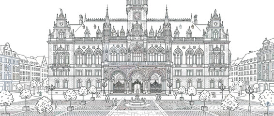 Obraz premium Ornate historical building facade with clock tower and plaza